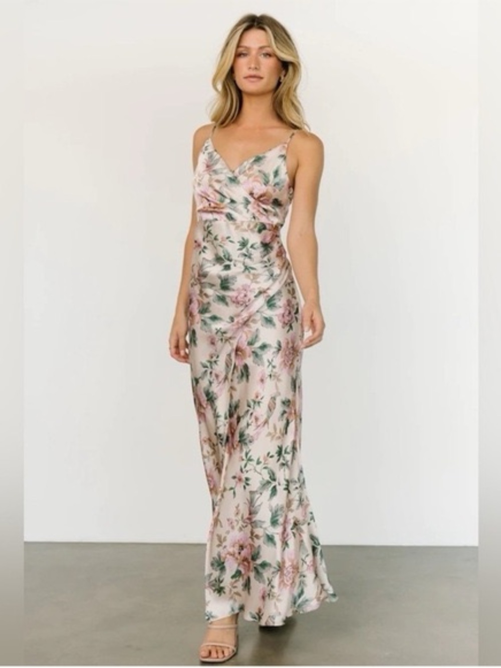 Baltic Born Annabel Satin Maxi Dress Sleeveless Floral Pink Green S